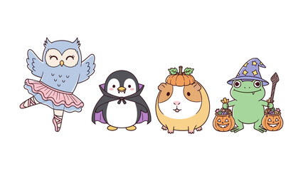 Whimsical Halloween Creatures: A charming collection of illustrated Halloween creatures, including a ballerina owl, a vampire penguin, a pumpkin guinea pig, and a wizard frog.