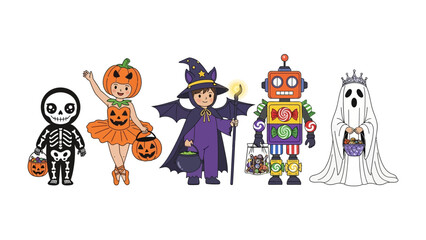 Halloween Costumes Illustration: A delightful illustration of children adorned in classic Halloween costumes, ready for trick-or-treating, including a charming skeleton, a radiant pumpkin.