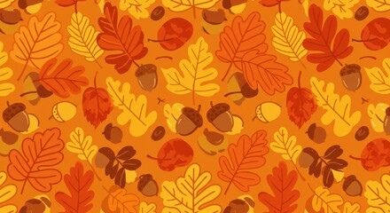 Vibrant Autumnal Leaf and Acorn Pattern - Warm Colors, Textured Background, Seasonal Design.