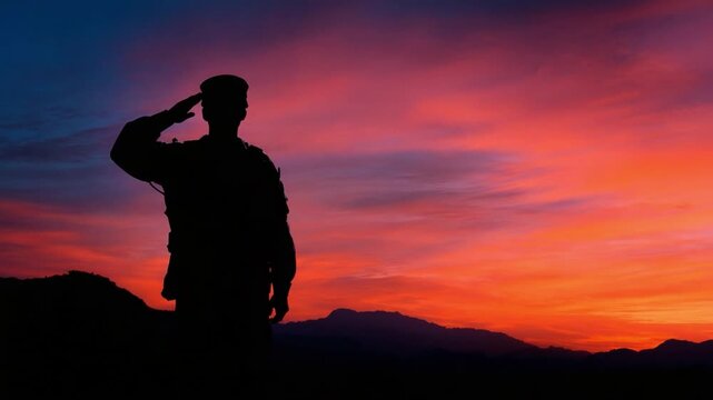 Silhouette of a Soldier saluting the sunset: A lone soldier stands in silhouette against a vibrant sunset, saluting with respect and honor under a beautiful sky. Symbolizing duty, honor.