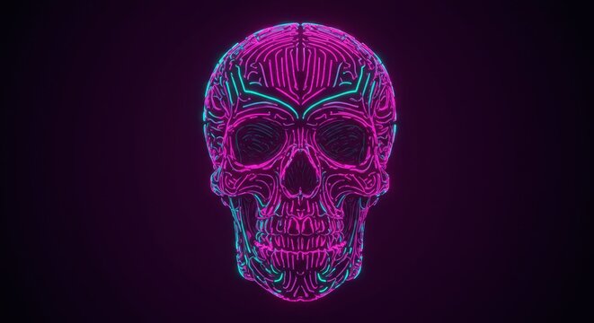 Vibrant Digital Skull Art - Glowing Pink and Blue Circuitry on Black.