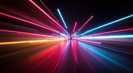 Vibrant Neon Light Streaks Exploding from a Central Point in a Dark Abstract Space.