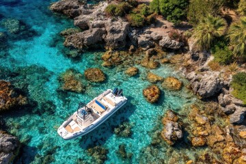 Obraz premium Scenic aerial view of a serene boat anchored near rocky shorelines surrounded by crystal-clear turquoise waters depicting a tranquil coastal getaway emphasizing natural beauty
