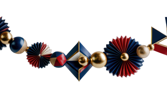 Festive Garland Decoration with Navy Blue Red and Gold Geometric Ornaments on Transparent Background Holiday Celebration Decoration with Spheres Fans and Pyramids Isolated