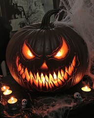 Spooky Halloween pumpkin with a glowing face, surrounded by candles and cobwebs in a dark setting