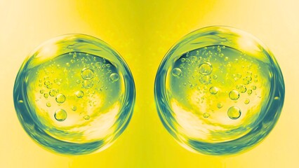 Vibrant abstract design with liquid spheres and bubbles evokes futuristic innovation and scientific...