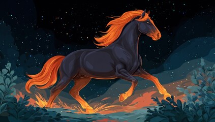 Fiery Horse Galloping Through the Night Sky with Orange Mane.
