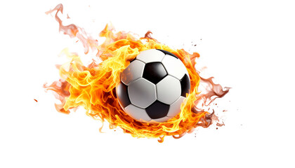 Black and white soccer ball engulfed in flames against a dark background, illustrating the heat of competition in the sport