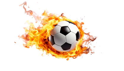 Black and white soccer ball engulfed in flames against a dark background, illustrating the heat of competition in the sport