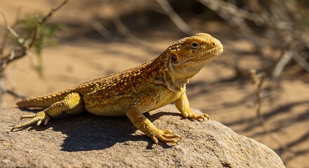 Obraz premium Yellow lizard on rock outdoors under sunlight wildlife close up