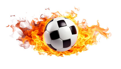 Black and white soccer ball engulfed in flames against a dark background, illustrating the heat of competition in the sport