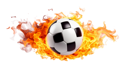Black and white soccer ball engulfed in flames against a dark background, illustrating the heat of competition in the sport