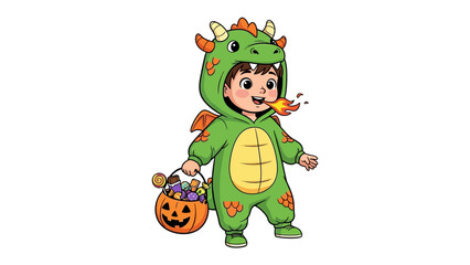 Little Dragon: A cheerful child dressed as a dragon on Halloween. With a pumpkin-shaped basket. Filled with candies and goodies, ready for trick-or-treating.