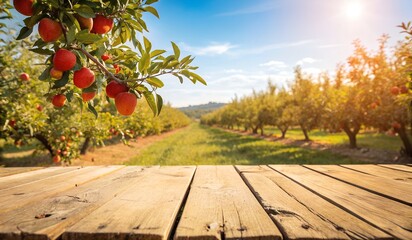 Ripe Plums on Tree Branches in Orchard with Wooden Table Foreground and Sunlight