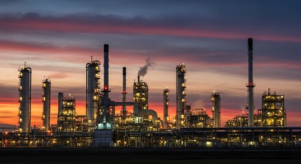 Industrial Oil Refinery at Sunset with Bright Lights and Smokestacks in Evening Sky