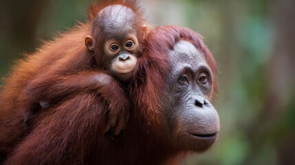 Orangutan mother with child in natural rainforest habitat, showing maternal care and family bonding. Endangered primate species behavior in tropical forest environment for wildlife conservation