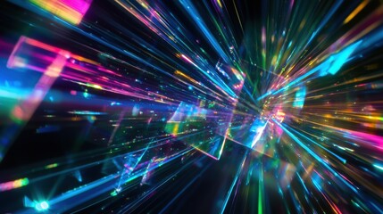 Fototapeta premium Optical wave interactions create spectacular laser interference patterns with multicolored light beams radiating from central crystalline prism element