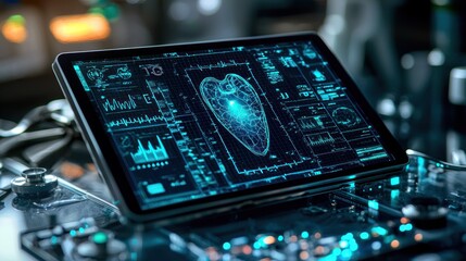 Tablet displays heart diagram amid technological equipment in futuristic setting