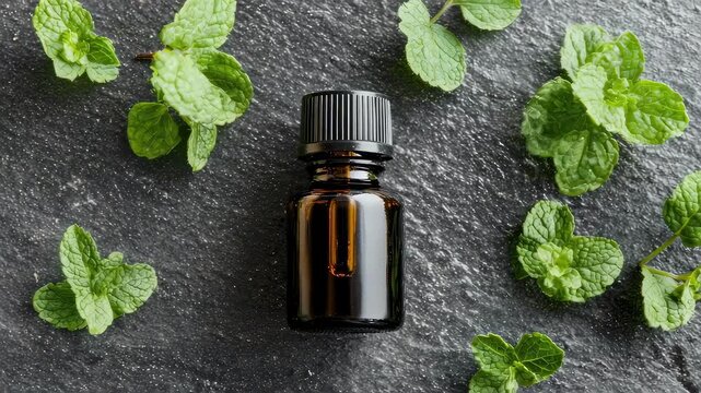 peppermint essential oil and mortar. Selective focus