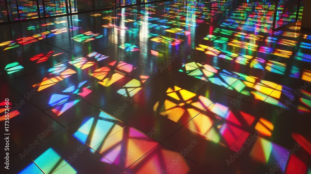 Wall mural light diffraction grid creates vibrant rainbow spectrum interference patterns across reflective tile