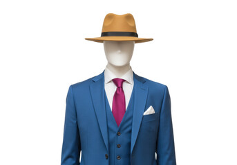 Blue three-piece suit with pink tie and tan fedora isolated on mannequin, formal wear for business or special occasions