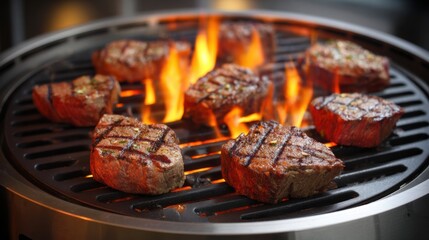 A variety of beef steaks are sizzling on a barbecue grill showing charred grill marks and flames licking around them. The scene captures the essence of summer grilling.