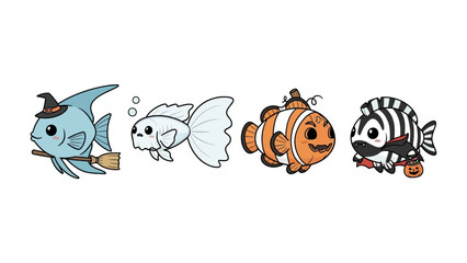 Halloween fish illustration: A playful and charming illustration of four festive fishes, each dressed in a Halloween costume, evoking a sense of fun and creativity