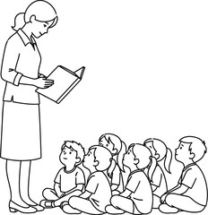 A teacher reading a book to a group of children sitting on the floor in a black and white line drawing