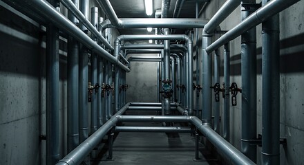 Fototapeta premium Industrial Pipe Network in Underground Utility Room with Metal Valves and Concrete Walls