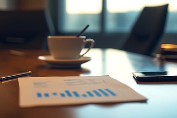 Office setup showing a line graph report alongside a coffee cup