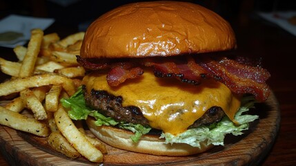 A close-up of a gourmet cheeseburger with melted cheese, crispy bacon, and fresh lettuce, served on a wooden platter with fries