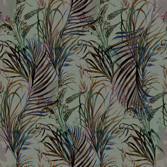 Seamless watercolor black and white pattern with delicate stems and leaves of palm grasses in monochrome shades for textiles
