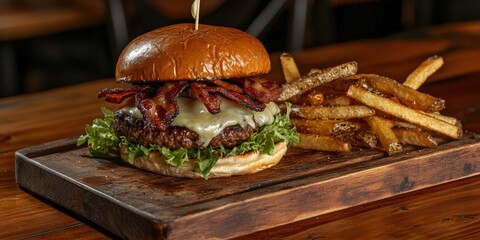 A close-up of a gourmet cheeseburger with melted cheese, crispy bacon, and fresh lettuce, served on a wooden platter with fries