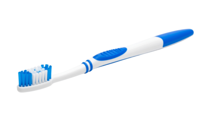 Blue and white toothbrush with bristles on one end and a comfortable grip on the other end pure white background cutout