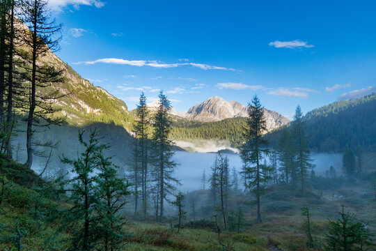 Misty alpine landscape above Funtensee in the Berchtesgaden Alps