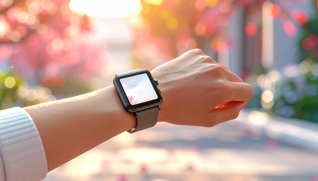 Person checking smartwatch screen outdoors, time management, personal device, communication, sunlight