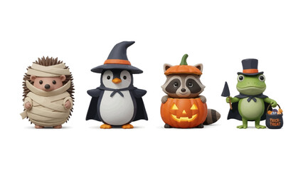 Halloween Cartoon Animals: A charming collection of cartoon animals, each playfully dressed in festive Halloween costumes. The adorable characters are set against a pristine backdrop.