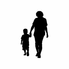 Silhouette of a caregiver holding a child s hand while walking isolated on white background