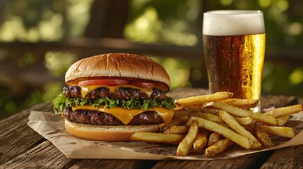 A classic burger and fries served with a frosty mug of beer on a picnic table