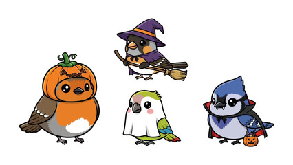 Halloween Birds: A whimsical scene of charming cartoon birds, each decked out in delightful Halloween costumes, creating a fun and festive atmosphere. 