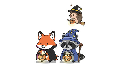 Enchanting Halloween Crew: A whimsical scene unfolds as a fox and a raccoon, dressed in charming Halloween costumes, prepare for trick-or-treating.