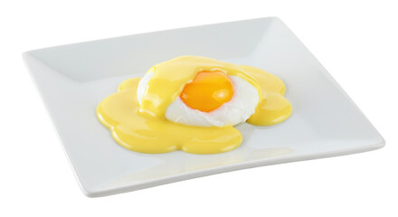 Poached egg with hollandaise sauce isolated on a square plate, breakfast food with rich yellow sauce for brunch and gourmet dining