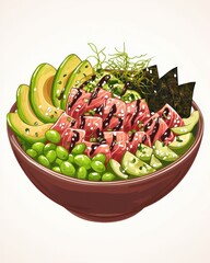 A beautifully arranged poke bowl with ahi tuna, avocado, edamame, and seaweed, drizzled with soy sauce