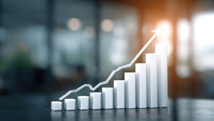 Financial Growth Chart with Upward Arrow and Bar Graph on a Blurred Background.