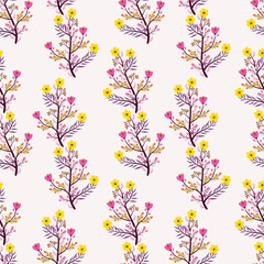 A cheerful seamless pattern with stylized floral branches featuring bright yellow and pink flowers. This folk-art inspired graphic is perfect for textiles, packaging, and decorative projects.