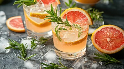 A bar setup with a variety of cocktails, garnished with citrus slices and fresh herbs