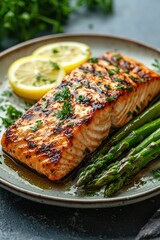 A beautifully plated seafood dish with grilled salmon, asparagus, and lemon butter sauce