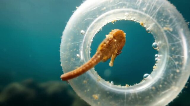 A small, orange frogfish swims through a clear, plastic ring underwater, showcasing marine life.