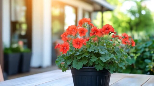 Red geranium in pot on wooden table in garden setting