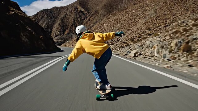 Mountain highway downhill skateboard run at golden hour, dynamic tracking and creamy motion blur amplify speed and freedom; perfect for action intros, sports promos, youth campaigns, and high‑energy b